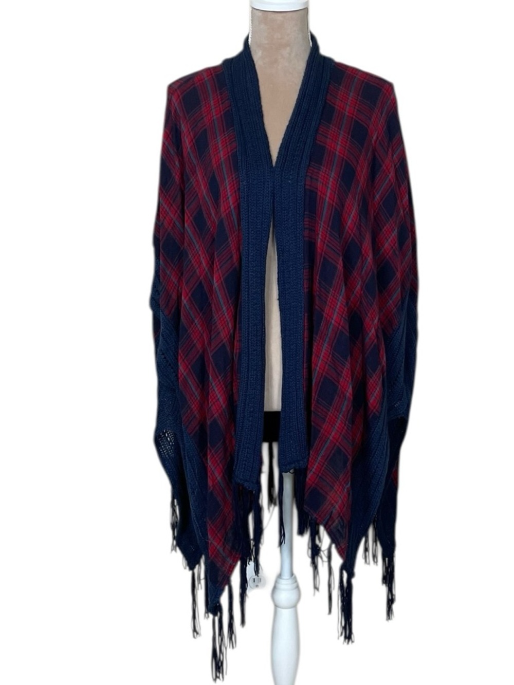 Umgee Navy and Red Plaid Open Front Fringe Poncho Cardigan